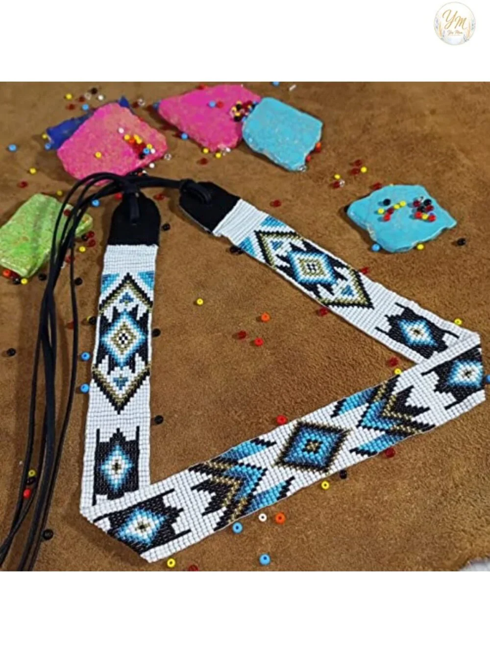 Hand Beaded Hatband Native American Style Leather Headband Adjustable Ties